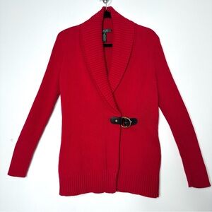 Ralph Lauren Red Shawl Collar Buckle Long Cardigan Quiet Luxury Old Money Preppy
